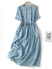 Floral Short Sleeved Waistband Cotton Linen Dress