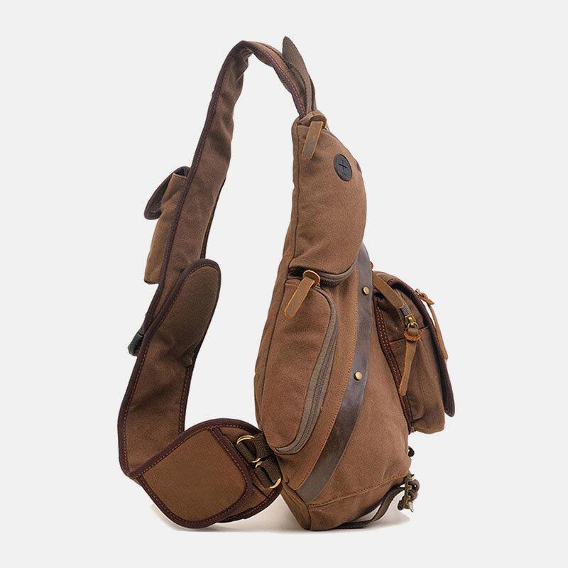 lovevop Men Genuine Leather And Canvas Travel Outdoor Carrying Bag Multi-pocket Crossbody Bag Chest Bag