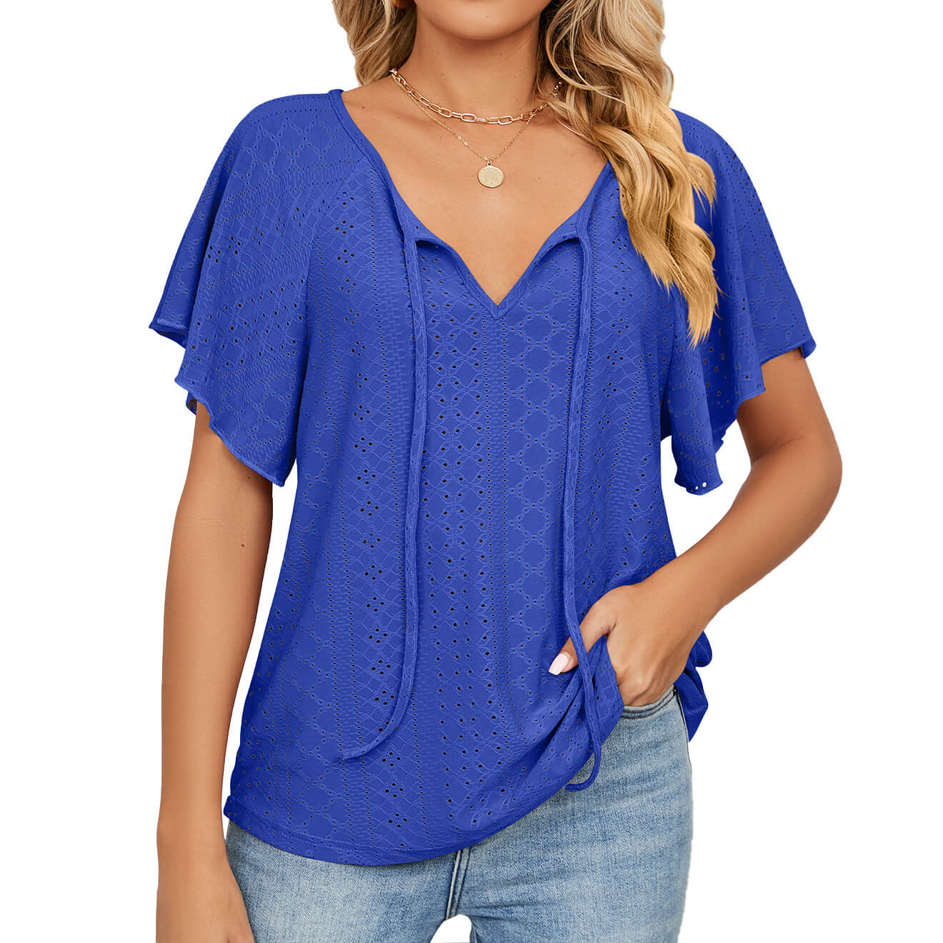 Women's solid colour V-neck lace-up loose t-shirt