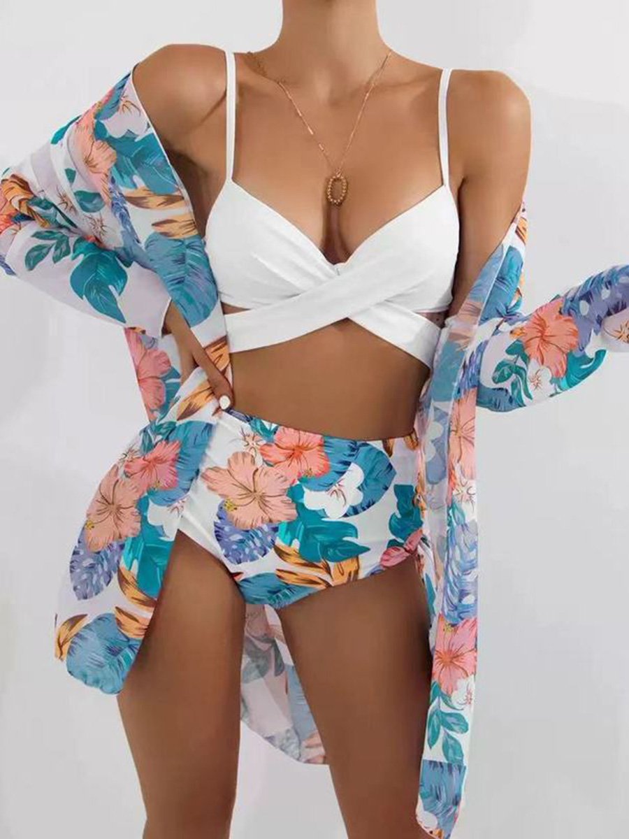 Three Piece Bikini Printed Sunscreen Cover Split High Waisted Swimsuit