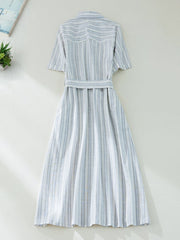 Lovevop Waist Tie Vertical Stripe Polo Collar Short-Sleeved Dress