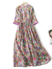 Lovevop Cotton And Linen Pastoral Tourism V-Neck Medium Sleeved Dress