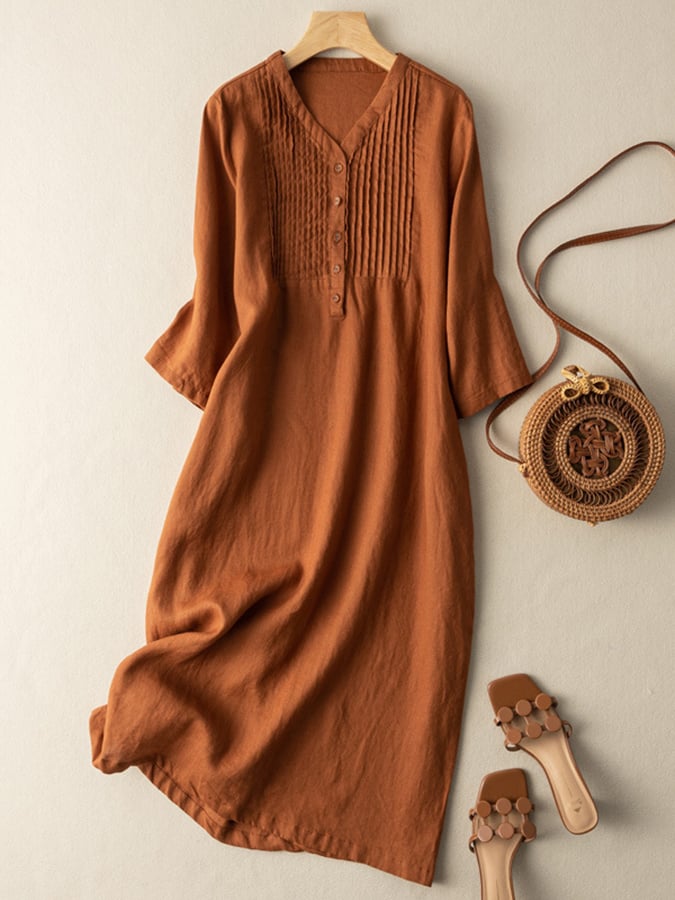 Lovevop Cotton And Linen V-Neck Pleated Loose Dress