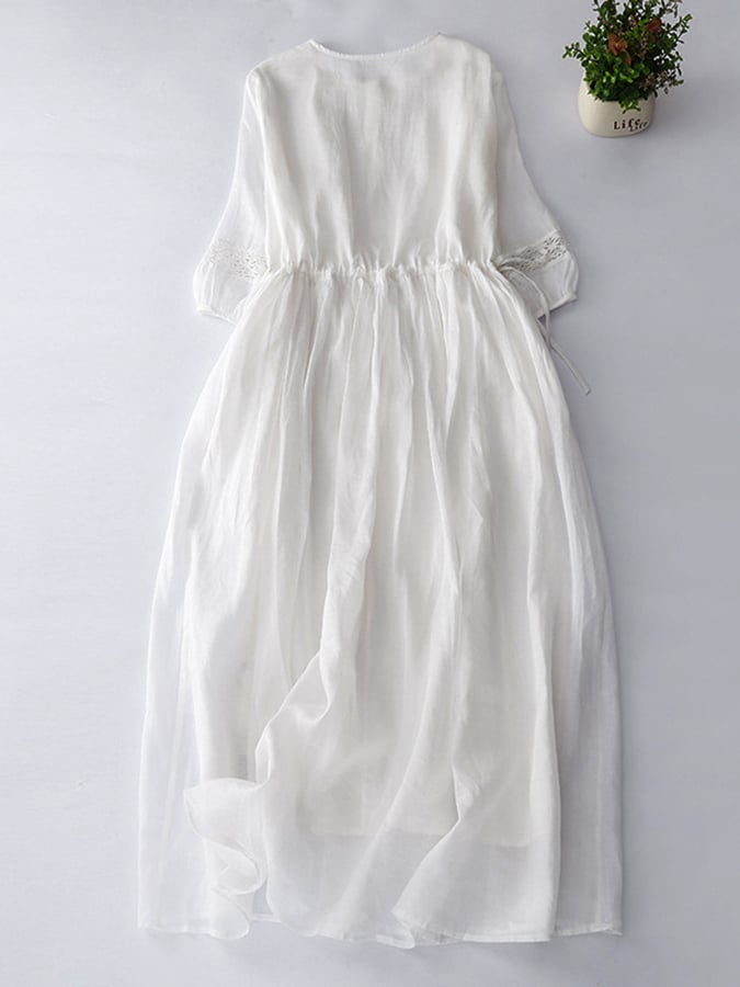 Lovevop Thin Round Neck Lace Up Waist Embroidered Cotton Linen Dress