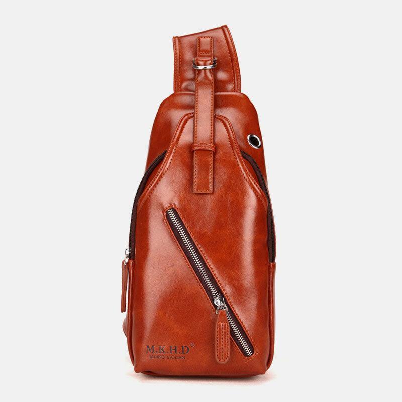 lovevop Men Faux Leather Oil Leather Business Casual Travel Waterproof Shoulder Bag Chest Bag