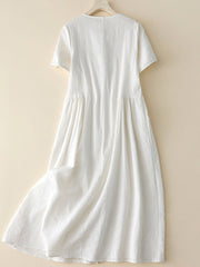 Lovevop Ethnic Style Jacquard Retro Button Loose Cotton Linen Dress