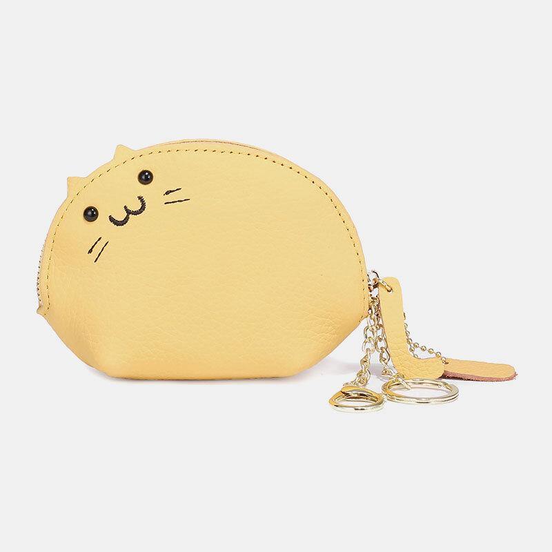 elvesmall Women Genuine Leather Casual Cute Animal Cat Pattern Mini Hanging Coin Bag Storage Bag