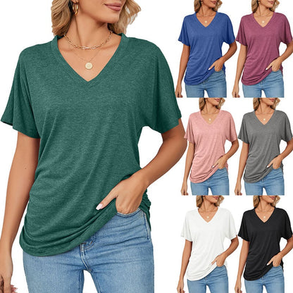 New casual pullover v-neck solid color loose ladies tops