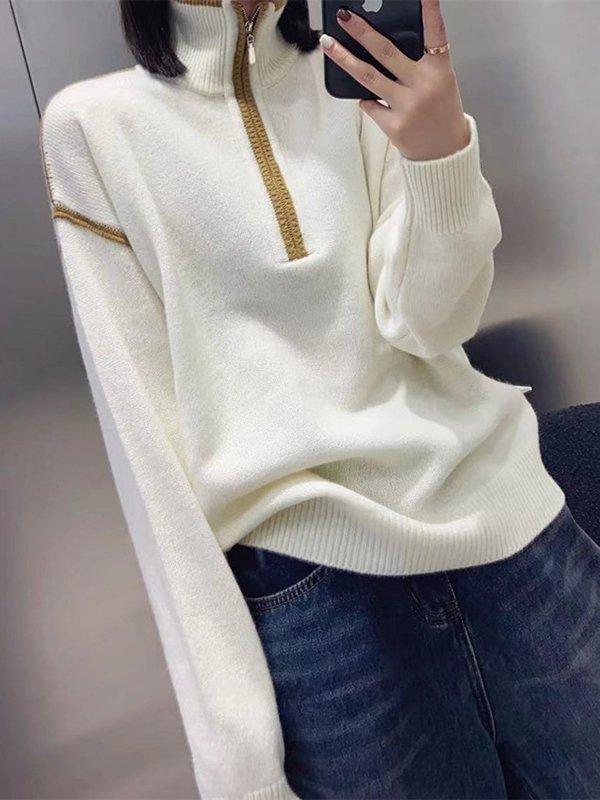 lovevop Urban Contrast Color Zipper High-Neck Sweater Tops Pullovers