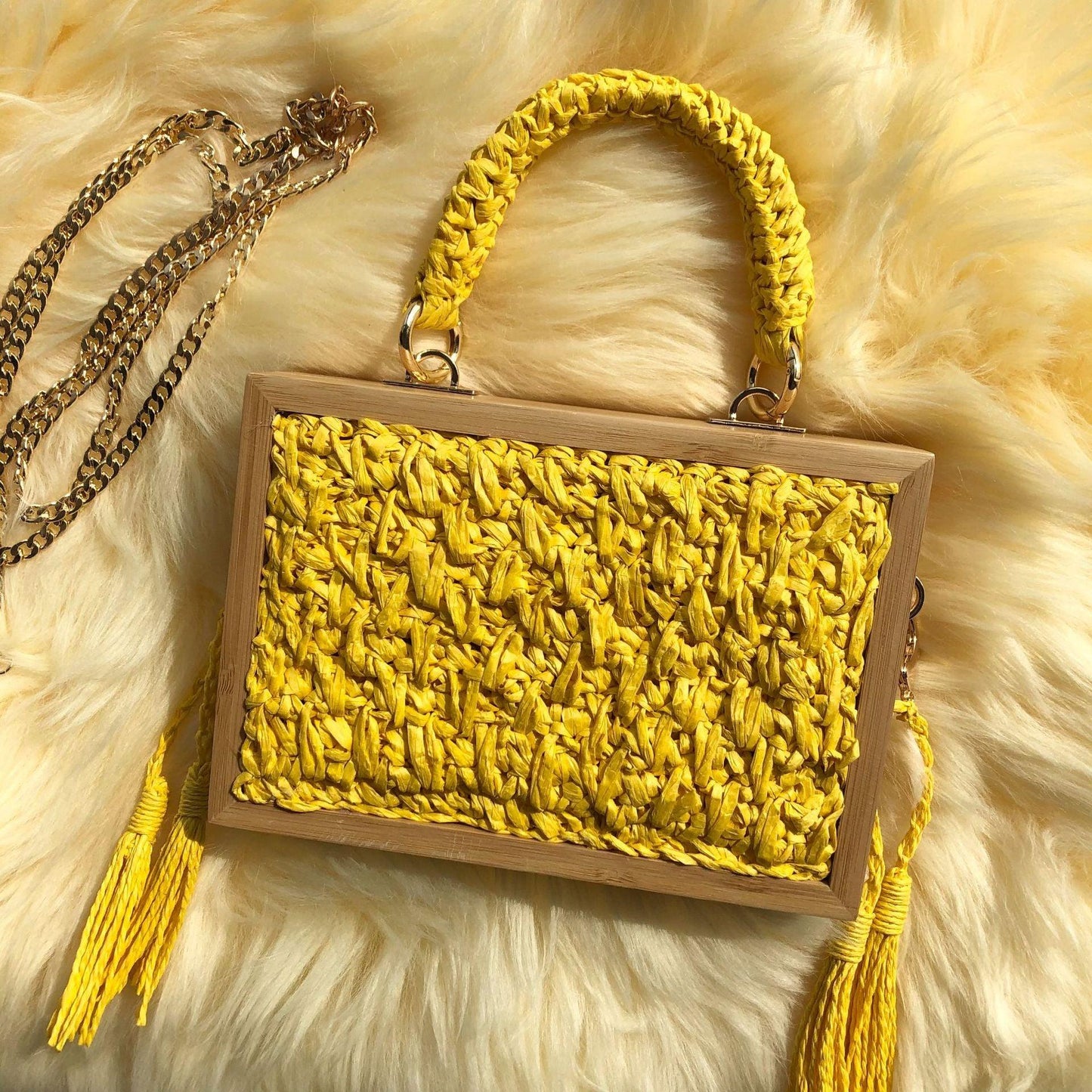 lovevop Wooden Frame Straw Bag