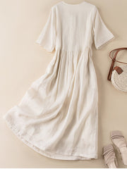 Lovevop Holiday Embroidered Medium Length Cotton Linen Artistic Dress