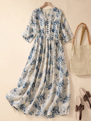 Lovevop Cotton And Linen V-Neck Pleated Vintage Printed Dress