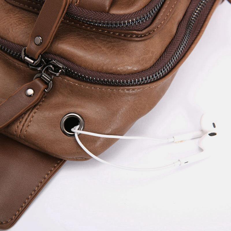 lovevop Men PU Leather Multi-Pocket Earphone Hole Crossbody Bag Chest Bag Sling Bag