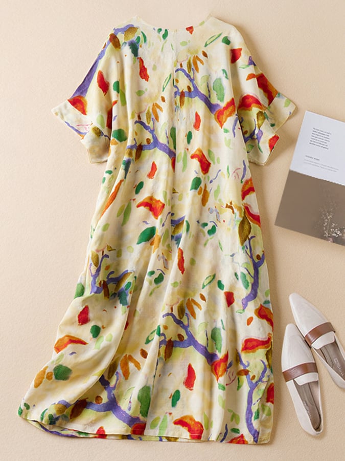 Lovevop Loose Vintage Cotton And Linen Printed Mid Length Dress