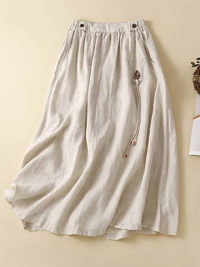 Lovevop Cotton Linen Semi-elastic Waist Pocket Casual Skirt