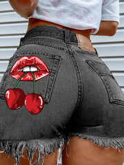 Cherry Lips Print Hip Sexy Denim Shorts