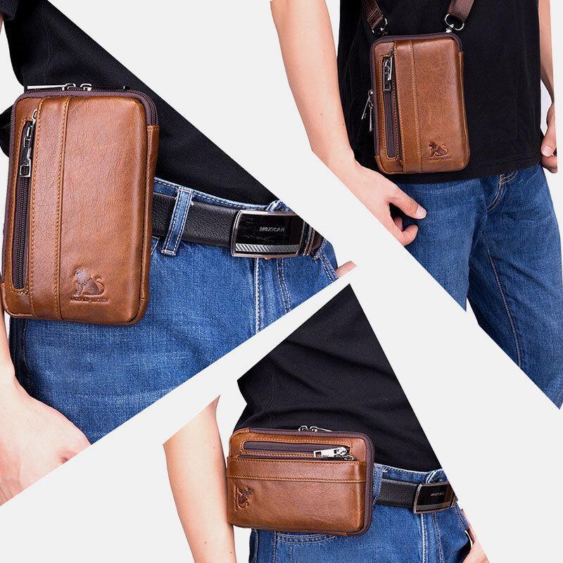 lovevop Men Genuine Leather Multi-use Vintage Casual 6.5 Inch Phone Waist Bag Crossbody Bag Shoulder Bag