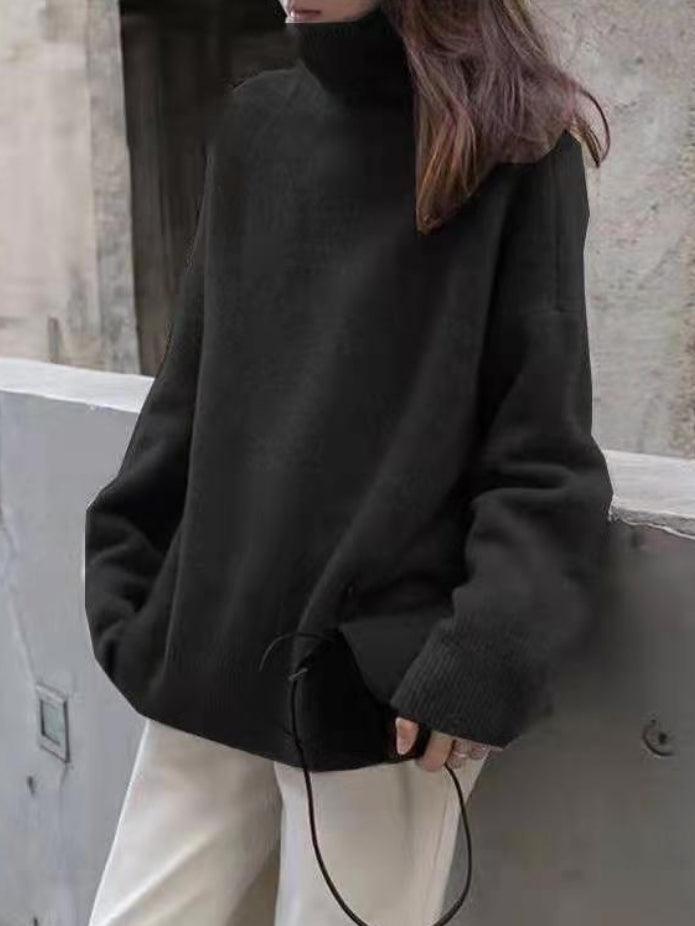lovevop Casual Loose Long Sleeves Solid Color High-Neck Sweater Tops