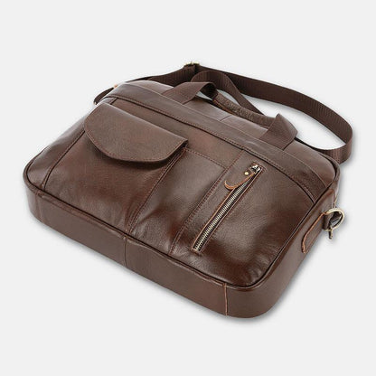 lovevop Men Genuine Leather Multi-pocket Vintage 14 Inch Laptop Bag Briefcases Crossbody Bag Shoulder Bag Handbag