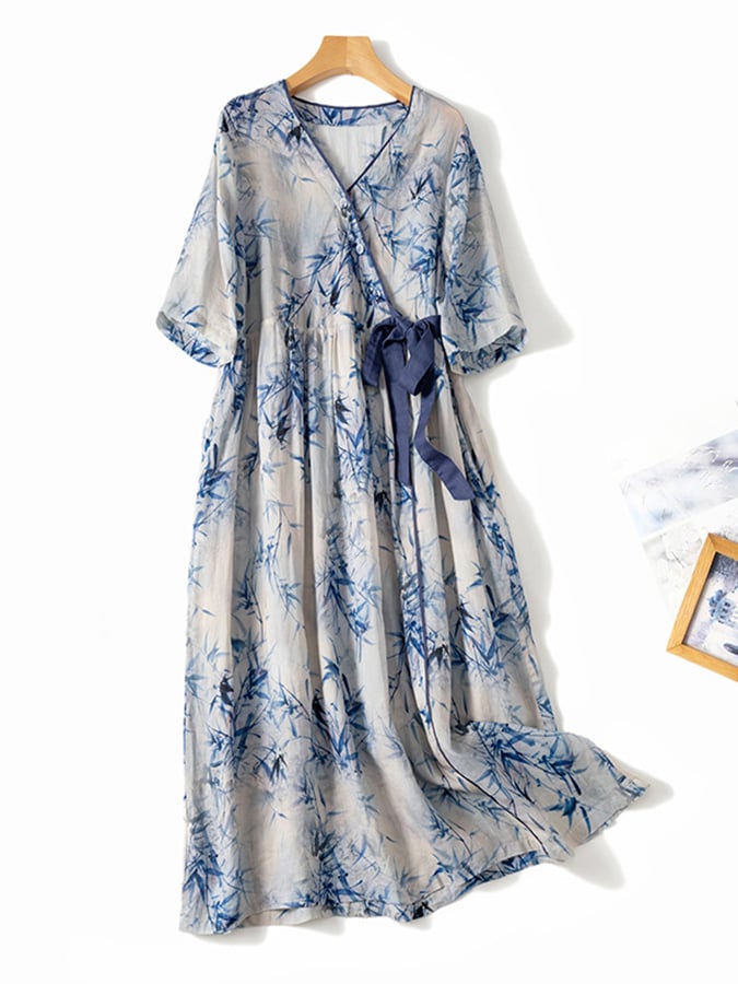 Lovevop Floral Cotton Linen V-Neck Printed Swing Dress