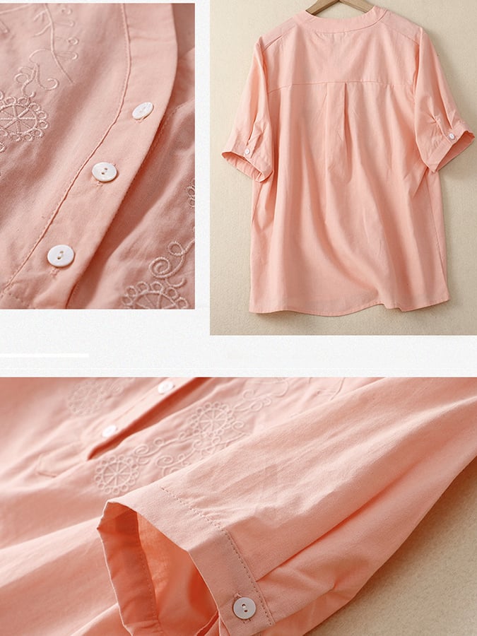 Lovevop Casual Short Sleeved Embroidered Half Open Collar Shirt