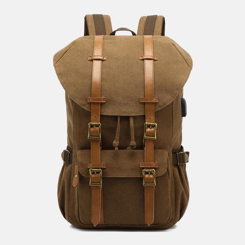 lovevop Men Genuine Leather And Canvas USB Charging Retro Travel Outdoor Large Capacity Backpack