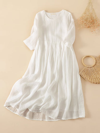 Lovevop Ramie Solid Loose Pleated Dress