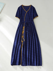Lovevop Cotton Linen Retro High-End Color Block Dress