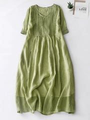 Lovevop Elegant Pleated Loose Cotton Linen Dress