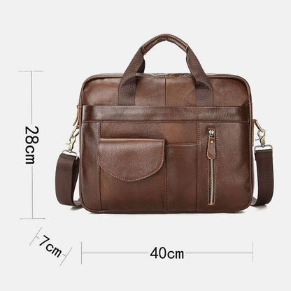 lovevop Men Genuine Leather Multi-pocket Vintage 14 Inch Laptop Bag Briefcases Crossbody Bag Shoulder Bag Handbag