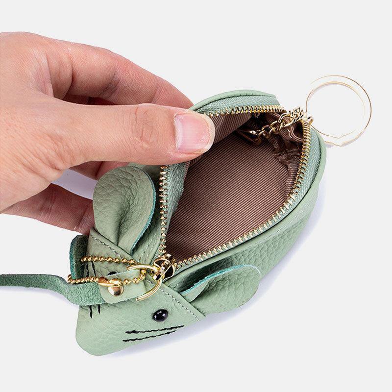 elvesmall Women Genuine Leather Casual Cute Animal Mouse Pattern Mini Keychain Coin Bag Storage Bag