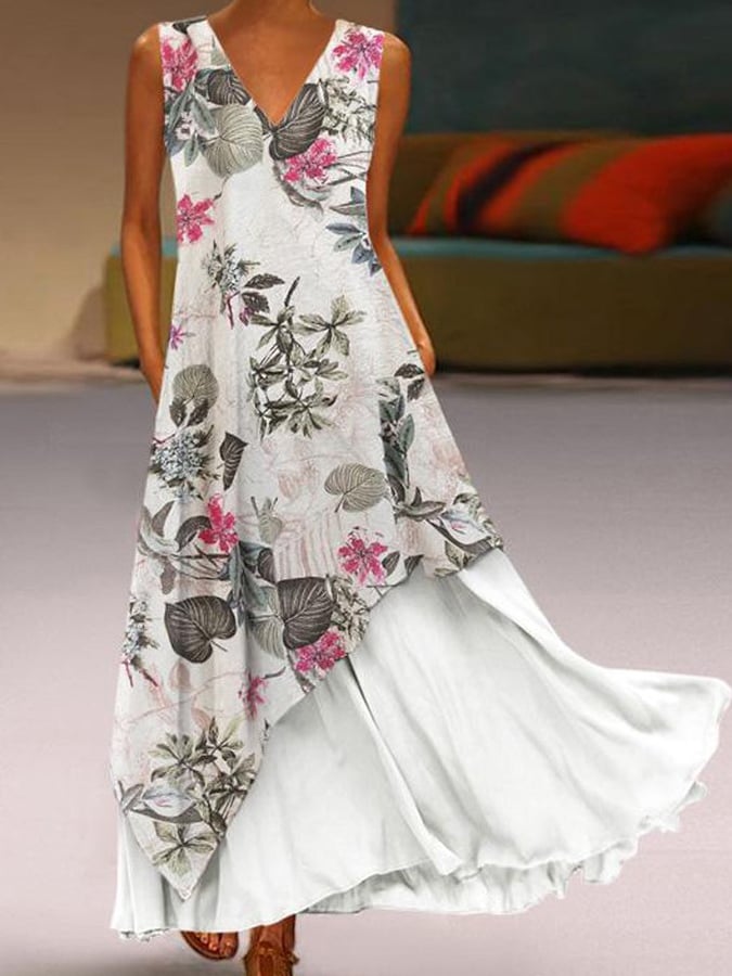 Women's Cotton Linen Sleeveless V-Neck Splicing Dress