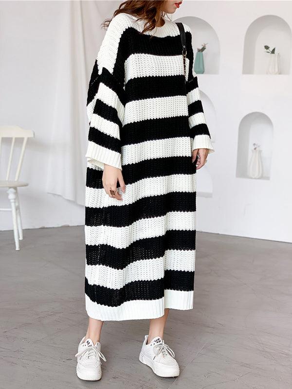 lovevop Stylish Loose Striped Round-Neck Sweater Dresses