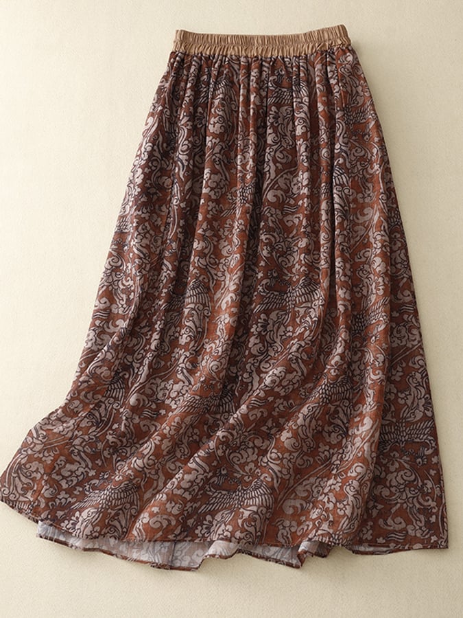 Lovevop Retro Pattern Print Belt Waist Contrast Color Loose Skirt