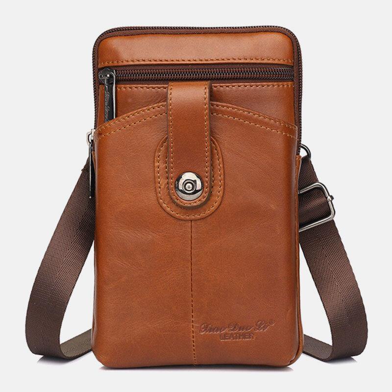 lovevop Men Genuine Leather Vintage Multifunctional 6.5 Inch Zipper Hasp Phone Bag Crossbody Bag Waist Bag