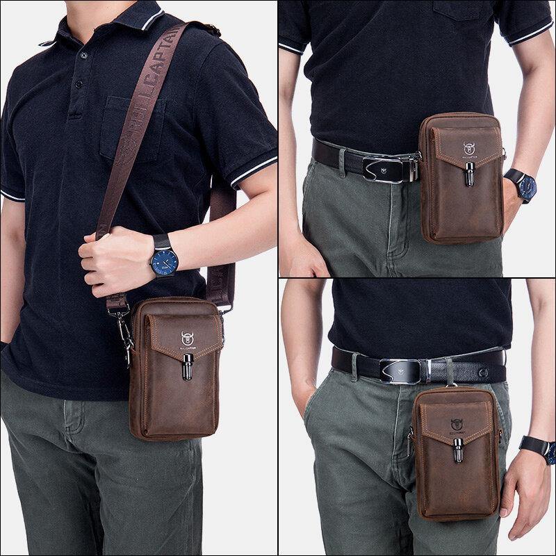 lovevop Men Genuine Leather Large Capacity Vintage 6.5 Inch Phone Bag Waist Bag Shoulder Bag Crossbody Bag