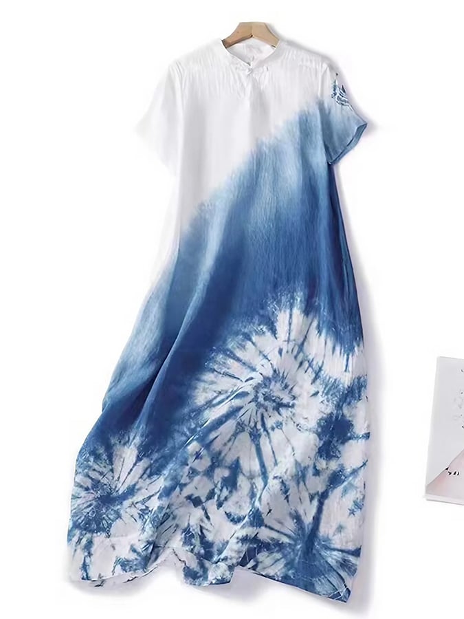Cotton Linen Ink Painting Tie Dyed Dress