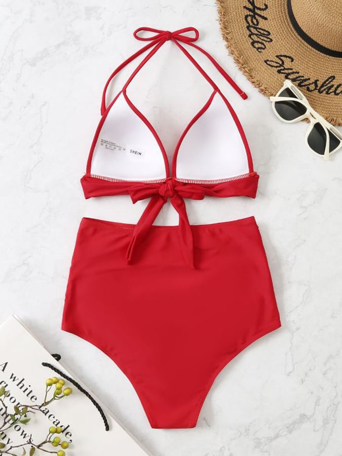 Solid Color High Waistband Steel Support Split Swimsuit