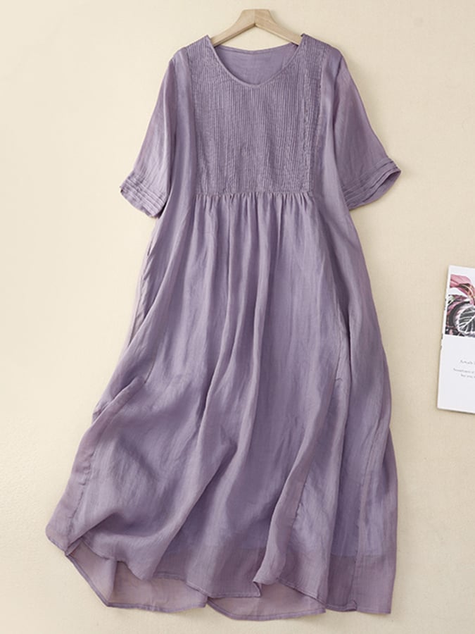 Lovevop Vintage Cotton And Linen Organ Pleated V-neck Short Sleeve Dress