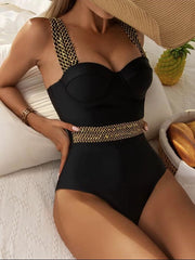 Women's Black One-Piece Knit Waistband Swimsuit