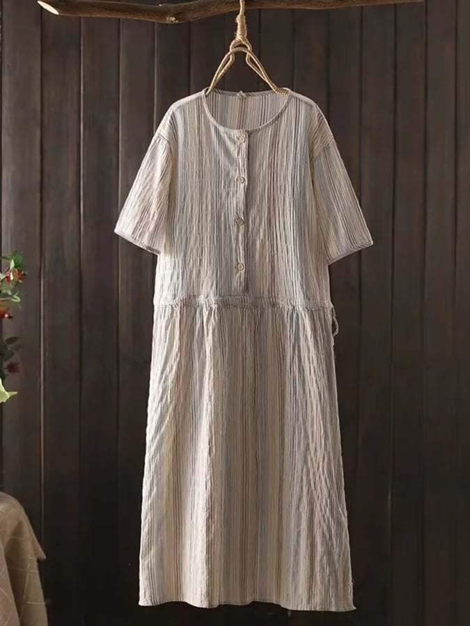 Lovevop Cotton And Linen Vertical Stripe Tie Up Waist Dress