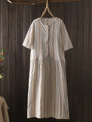 Lovevop Cotton And Linen Vertical Stripe Tie Up Waist Dress