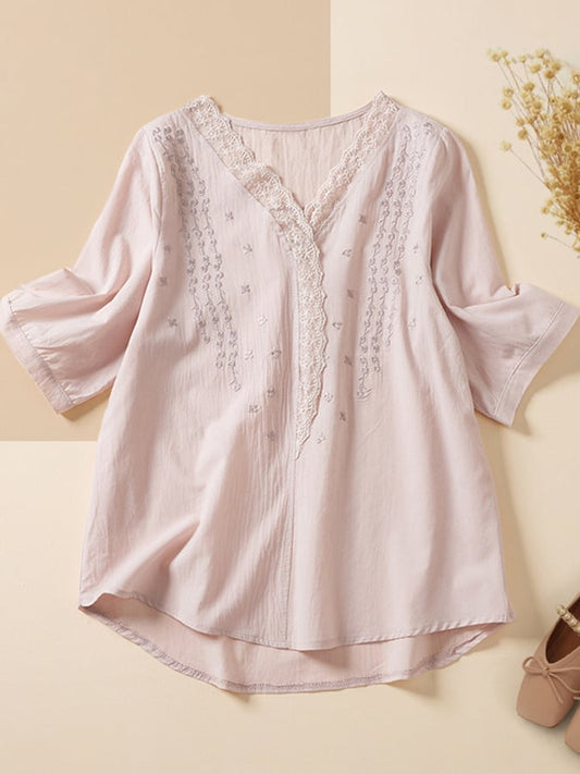 Lovevop Lace Trim V Neck Embroidered Temperament Casual Top