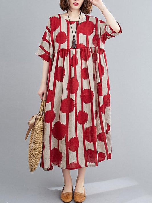 lovevop Original Polka-Dot Split-Joint Round-Neck Midi Dress