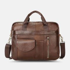 lovevop Men Genuine Leather Multi-pocket Vintage 14 Inch Laptop Bag Briefcases Crossbody Bag Shoulder Bag Handbag