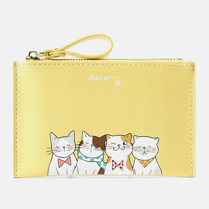 elvesmall Women Faux Leather Cute Cartoon Cats Printing Ultra-thin Card Case Coin Bag Wallet