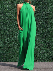 Love-vop - Sleeveless Wide Leg Solid Color High-Neck Jumpsuits
