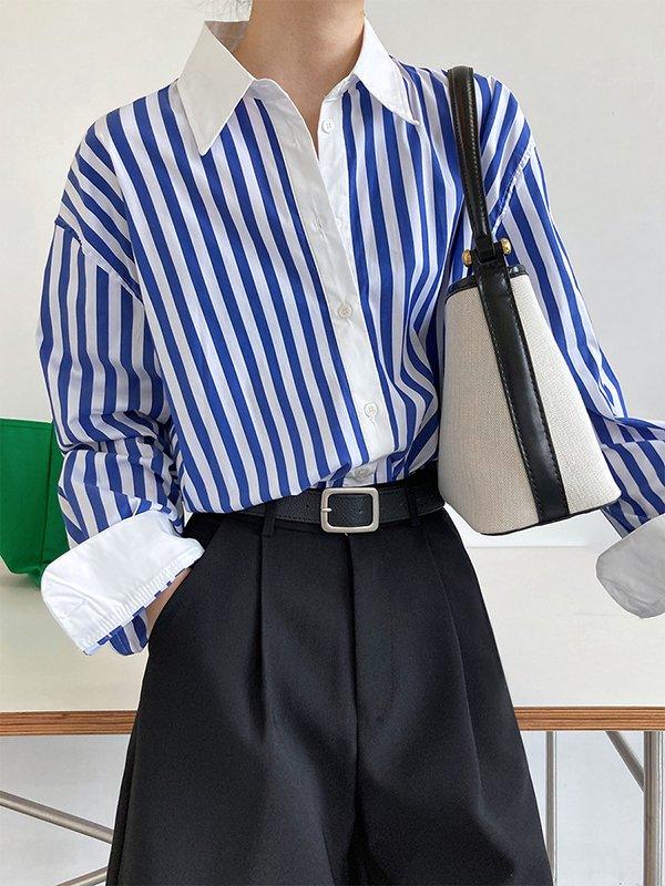 lovevop Simple Long Sleeves Contrast Color Striped Lapel Blouse Top