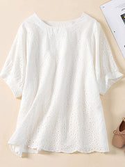 Lovevop Cotton Vintage Hollow Solid Embroidery Shirt