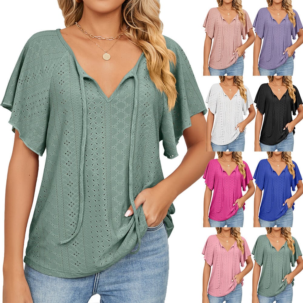 Women's solid colour V-neck lace-up loose t-shirt